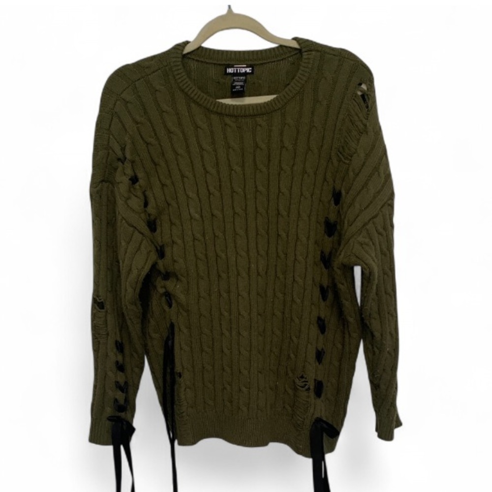 Hot Topic Olive Green Distressed Cable Knit Crewneck Sweater